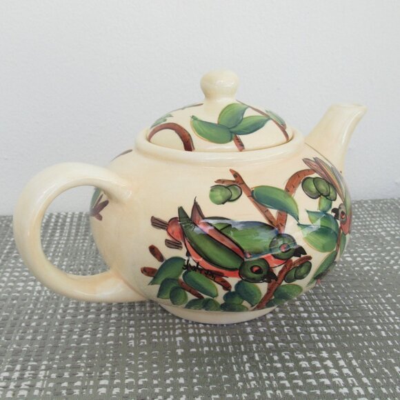 VTG Chinese Hand Painted Birds, Nature, Teapot 1 quart Capacity, Yellow - Picture 2 of 13